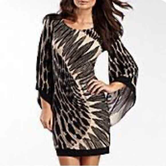 Bisou Bisou stunning black and tan flare sleeve abstract sheath dress size 8 - Picture 2 of 8